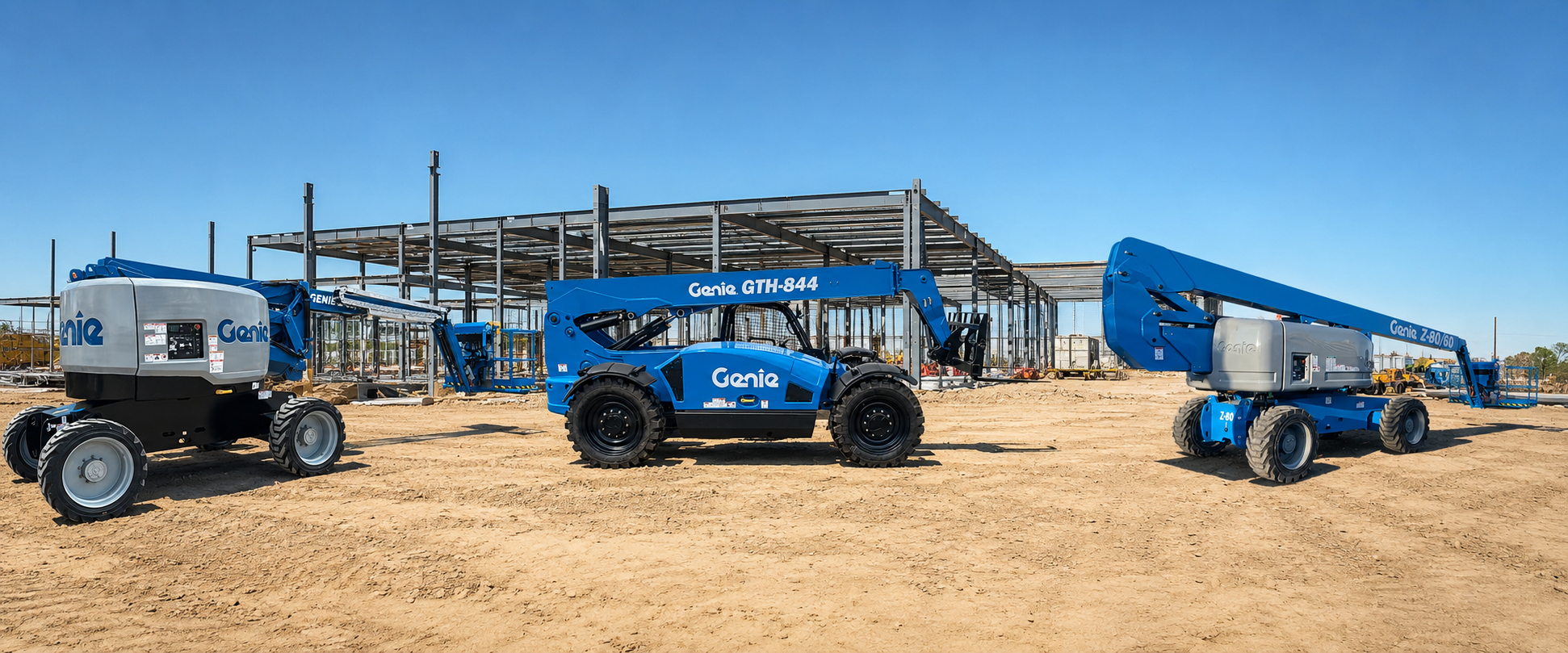 Genie telehandler and boom lift on a construction site — aerial work platforms from Global Solutions LLC